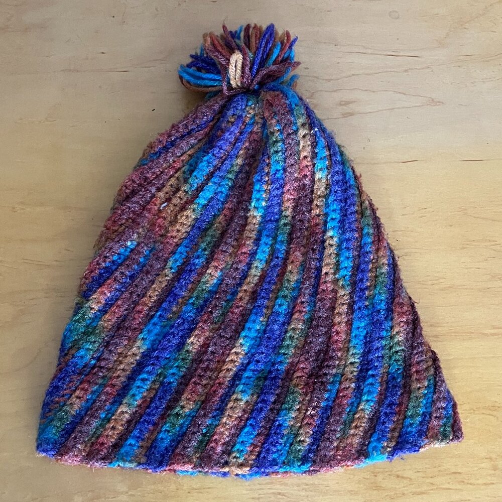 Artisan Handmade Ribbed Pom Pom Hat – Vibrant Self-Striping Yarn OS - Picture 5 of 7